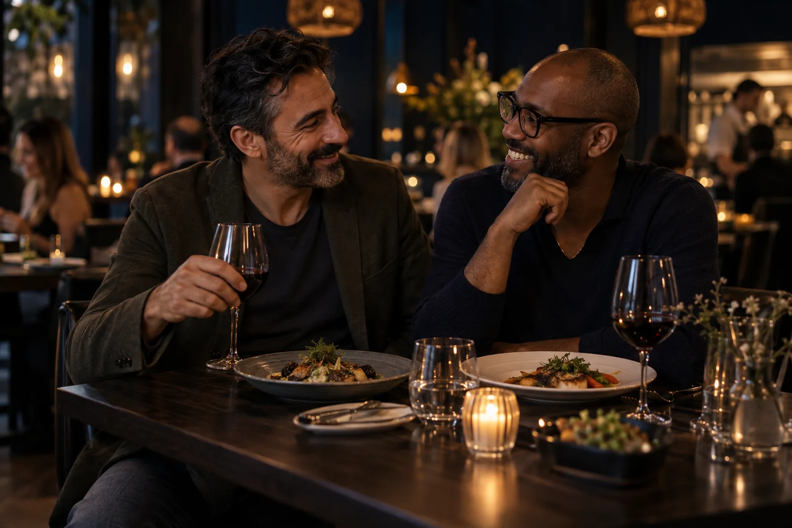 A couple enjoying dinner in a warmly lit restaurant