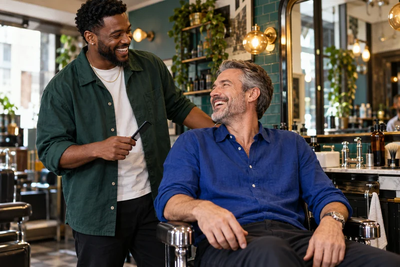 Ein Barber und sein Kunde lachen nach dem Haarschnitt gemeinsam