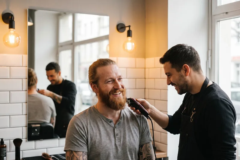 Ein Mann mit rotem Bart lacht im Barbershop, während der Barbier seinen Bart trimmt