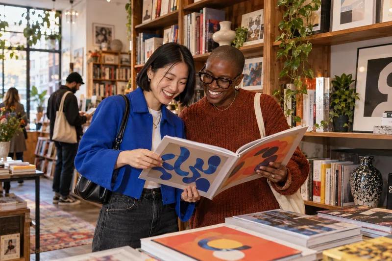 Zwei Freunde entdecken ein Kunstbuch in einem unabhängigen Buchladen