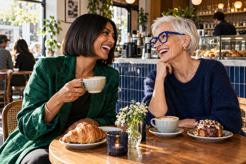 Zwei Freundinnen lachen bei Cappuccino und Gebäck in einem unabhängigen Café