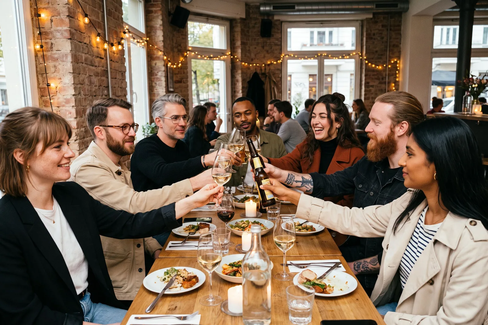 Seven friends raising their glasses at a long table in a Kreuzberg restaurant.