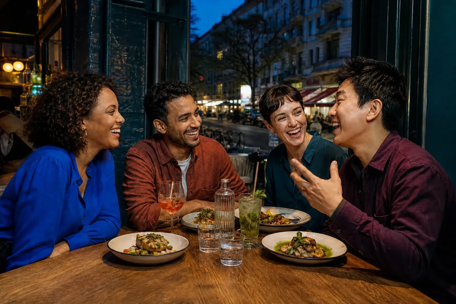 Four friends laughing over dinner in a lively city restaurant.