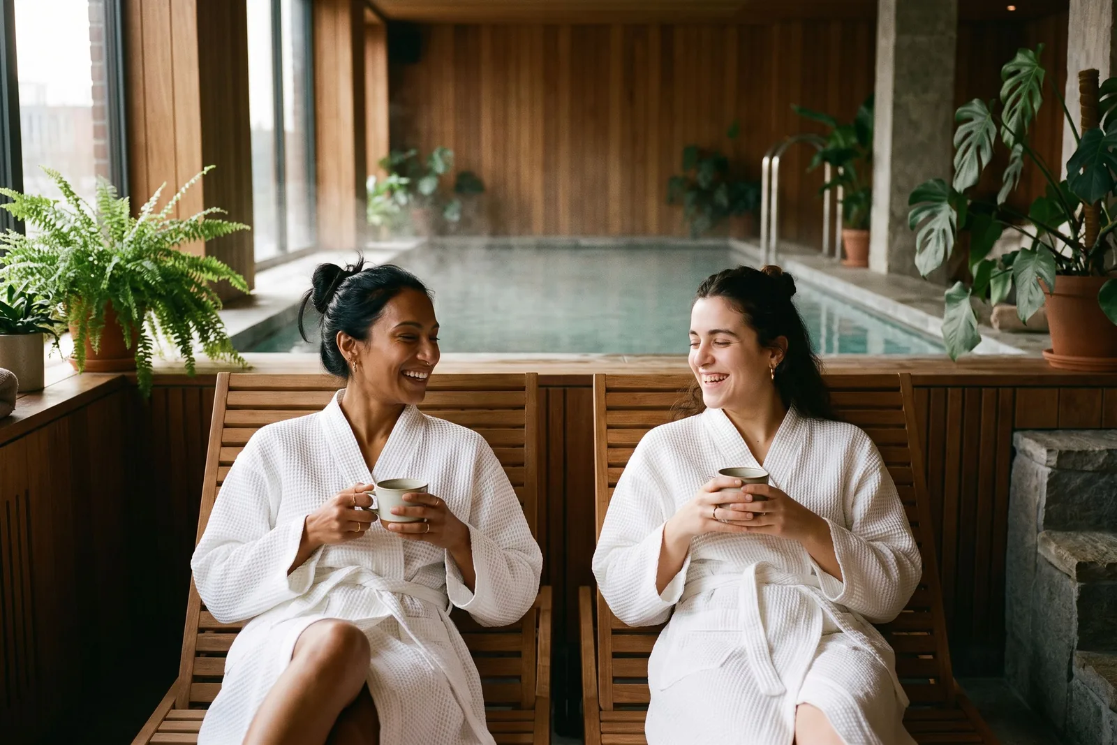 Zwei Freundinnen im Bademantel mit Tee auf Holzliegen in einem Spa