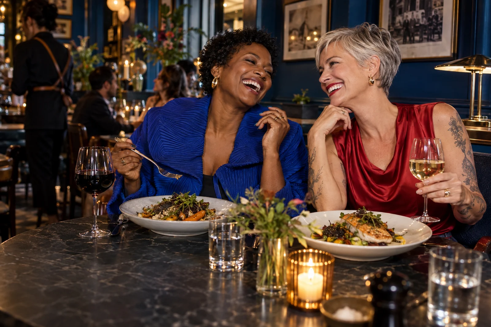 Zwei Frauen genießen ihr gemeinsames Abendessen in einem Restaurant mit dunkelblauer Einrichtung.