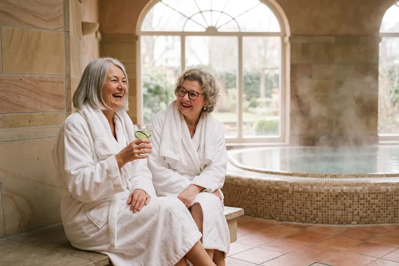 Zwei Freundinnen im Bademantel lachen mit Gurkenwasser am Spa-Pool