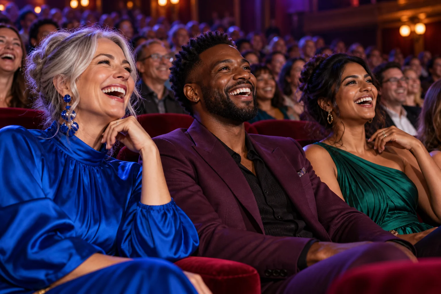 Drei Freunde lachen bei einer Theatervorstellung
