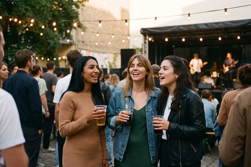 Drei Freundinnen singen bei einem Open-Air-Konzert im Hof mit