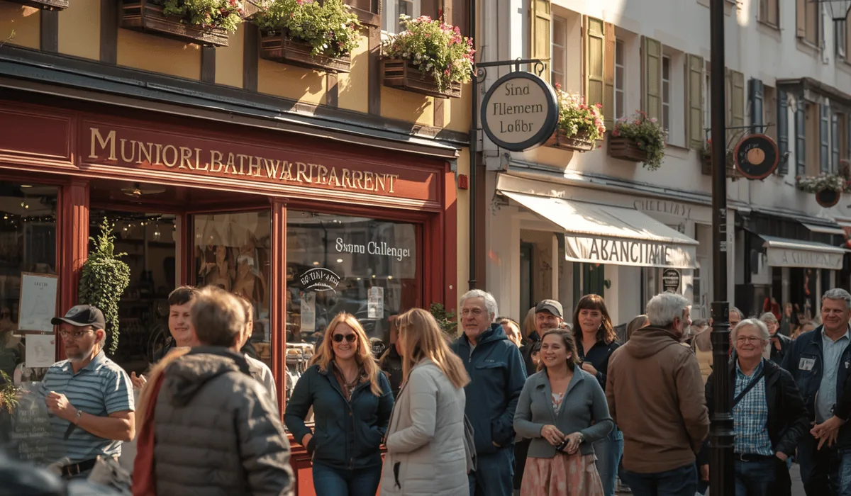 Lebendiges Stadtviertel mit Menschen vor inhabergeführten Geschäften