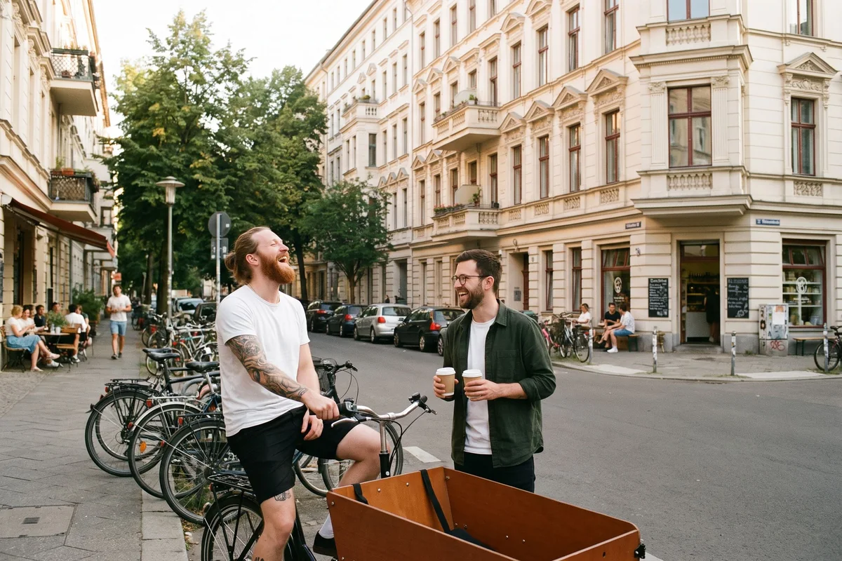 Zwei Freunde plaudern an einem Lastenrad auf einer Altbaustraße mit Eckcafé
