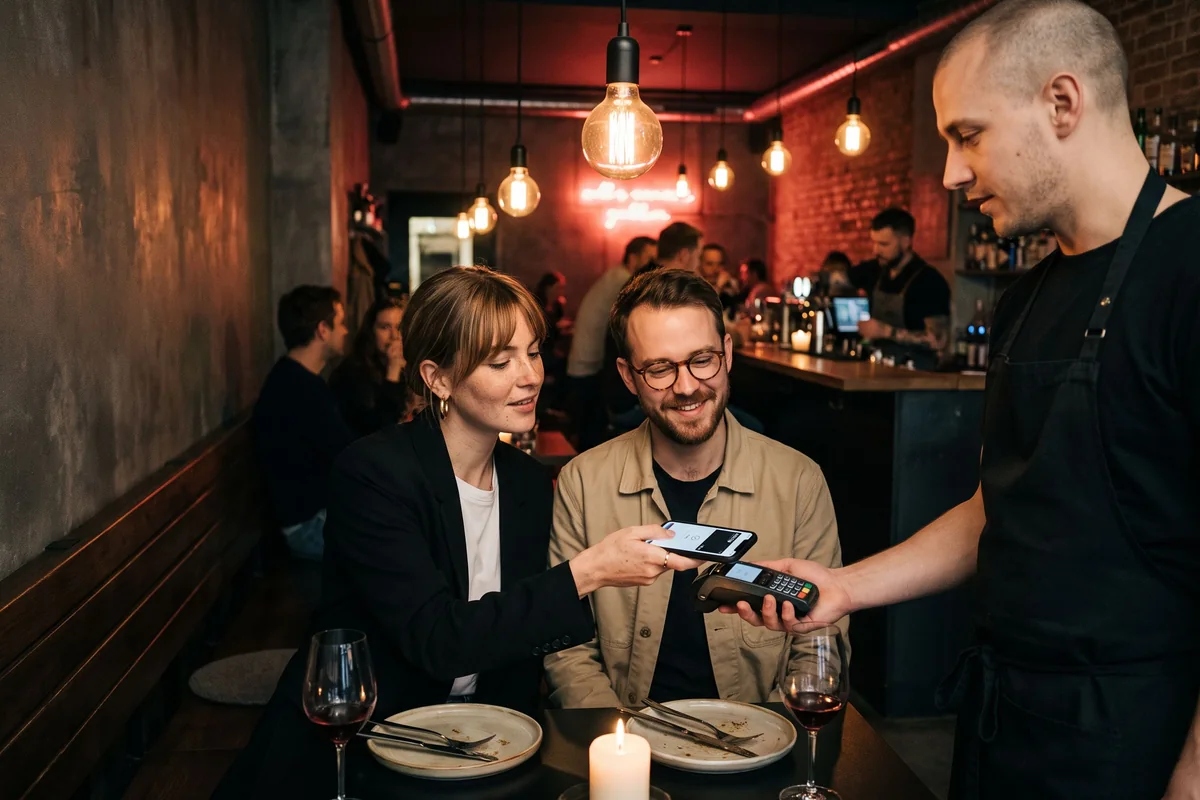 Eine Frau bezahlt im Restaurant mit ihrem Smartphone