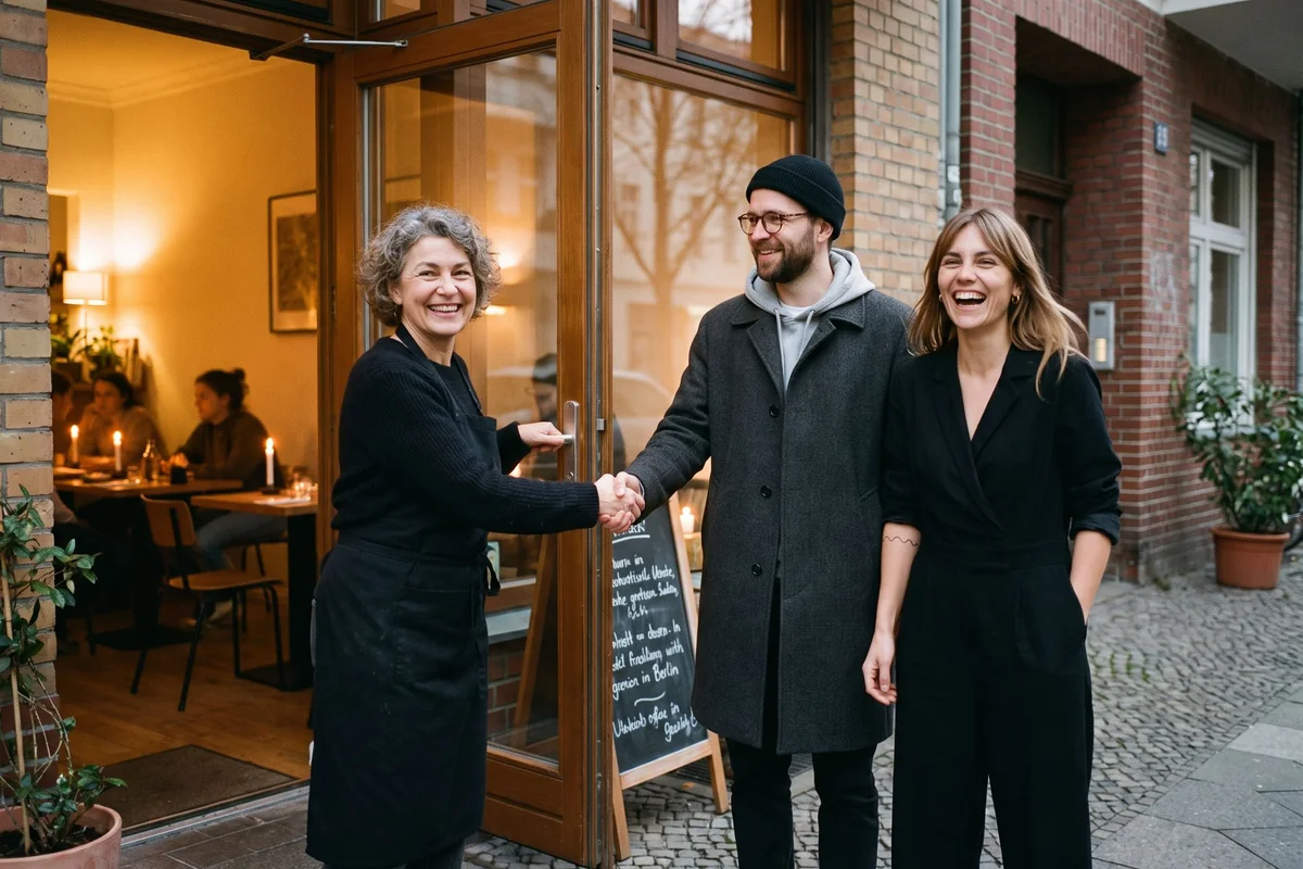 Gastgeberin begrüßt zwei Gäste an der Tür ihres Restaurants