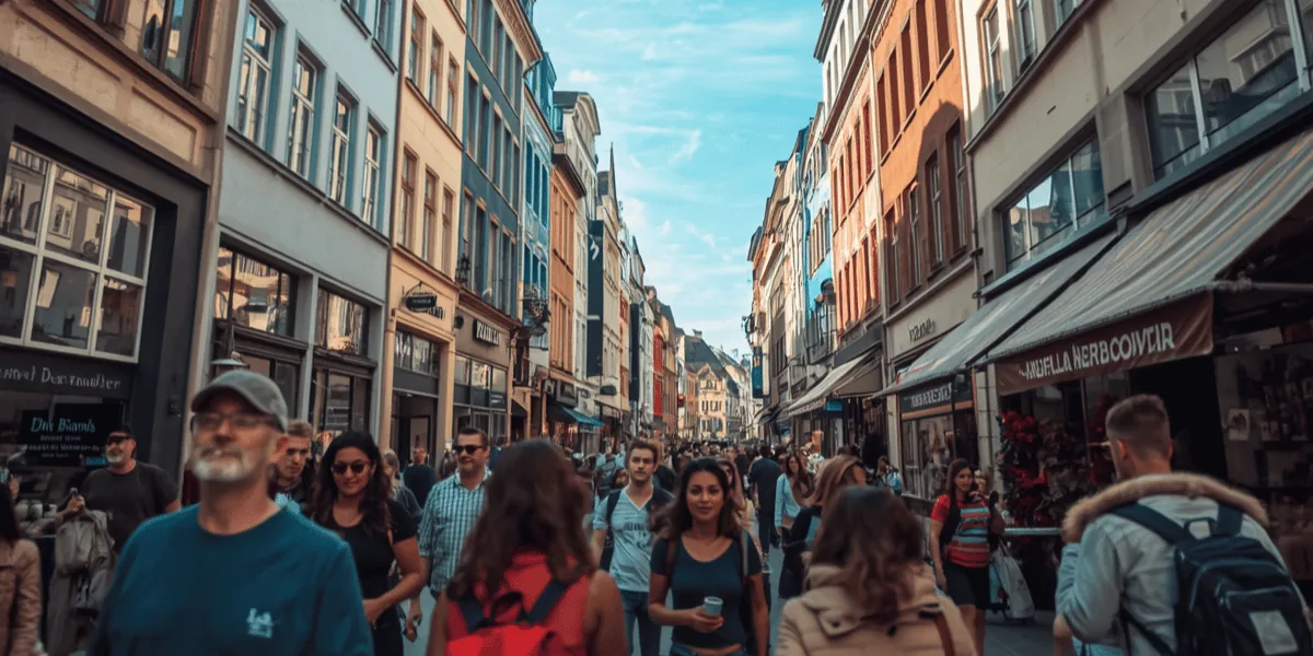 Lebendige Einkaufsstraße mit inhabergeführten Geschäften und Passanten