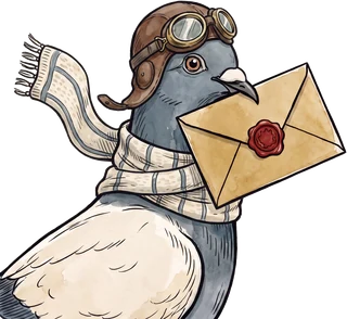 Taubert als Pilot: eine Brieftaube mit alter Fliegerbrille, Schal und einem goldenen Umschlag