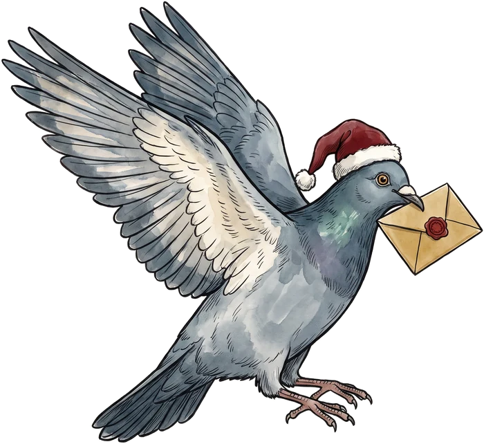 Taubert, die Weihnachtstaube: eine Brieftaube mit Weihnachtsmütze und einem goldenen Umschlag