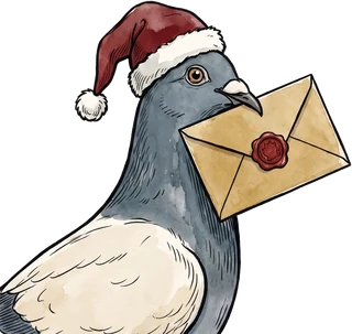 Taubert, die Weihnachtstaube: eine Brieftaube mit Weihnachtsmütze und einem goldenen Umschlag